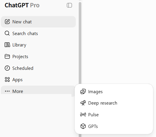 Deep research entry in the ChatGPT left sidebar More menu