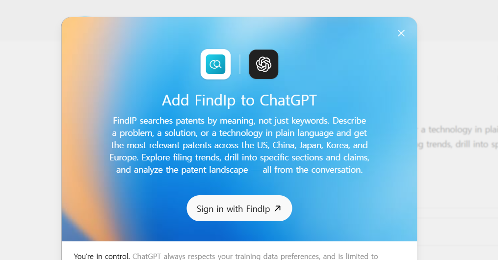 Add Findip Patent to ChatGPT dialog