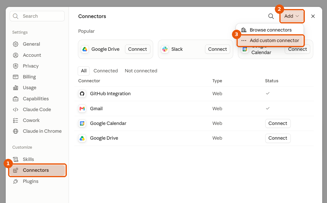 The Connectors screen with the Add dropdown open