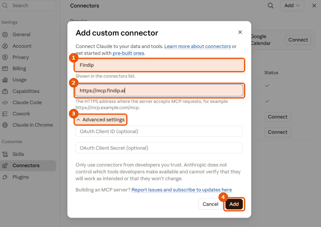 The Add custom connector dialog