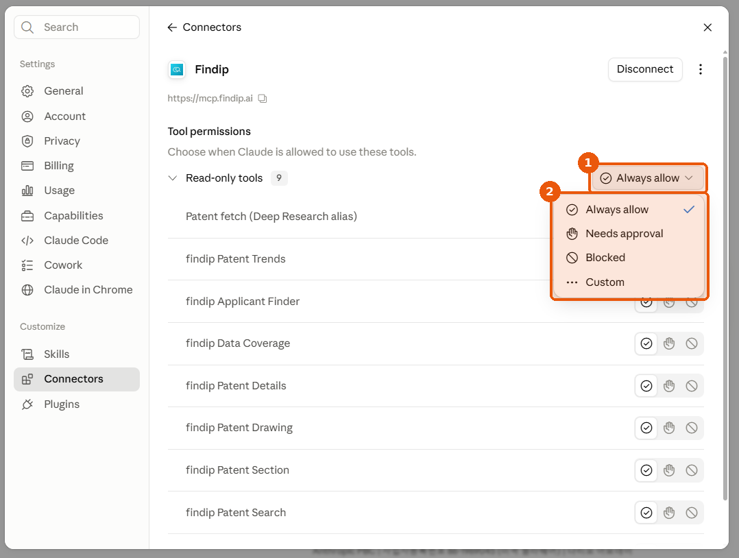 Tool permissions for the Findip connector