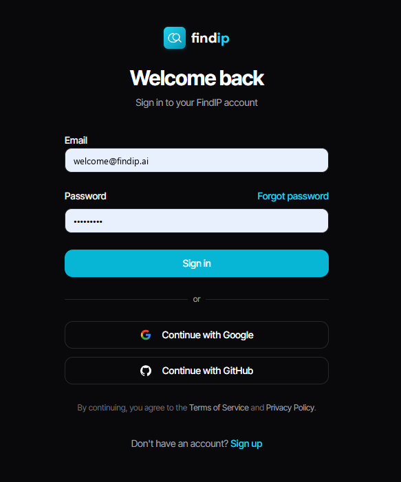 The Findip sign-in screen